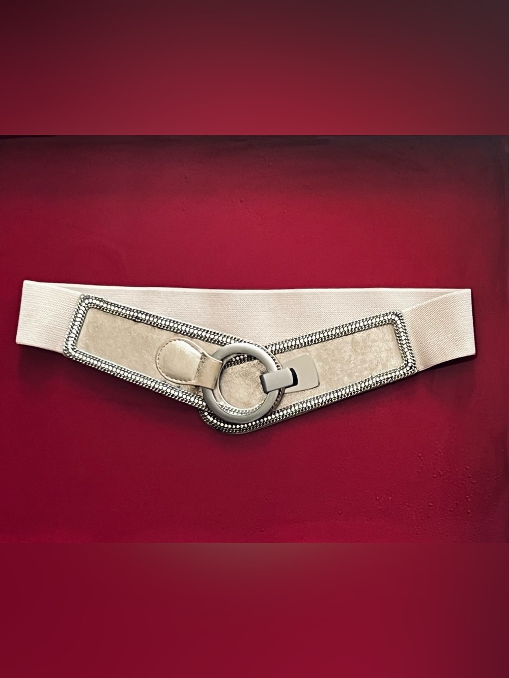 Metallic Silver Elastic Waist Belt with Decorative Ring